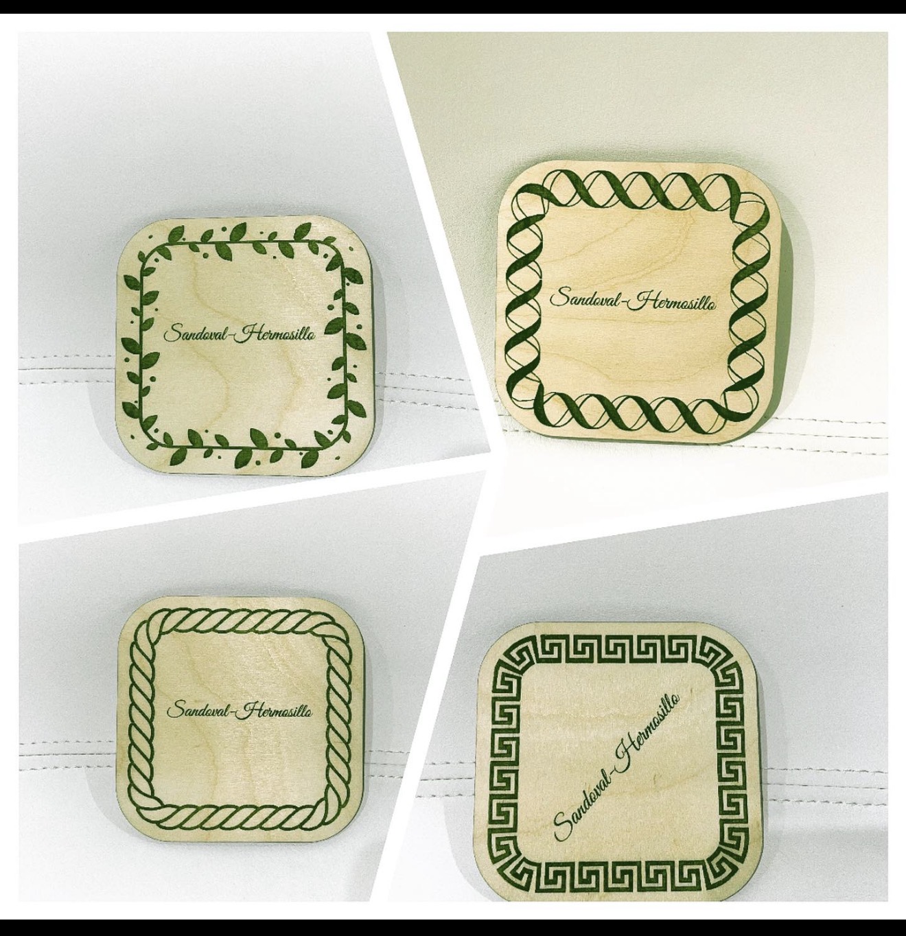 Four wooden Sandoval-Hermosillo wedding coasters with different decorative green borders.